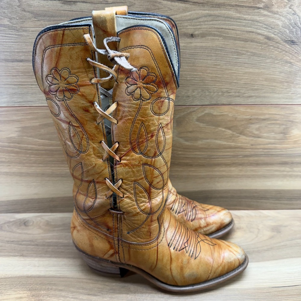 TEXAS USA Western Boots Womens 6 M Marbled Cognac Tie Floral‎ Stitched
